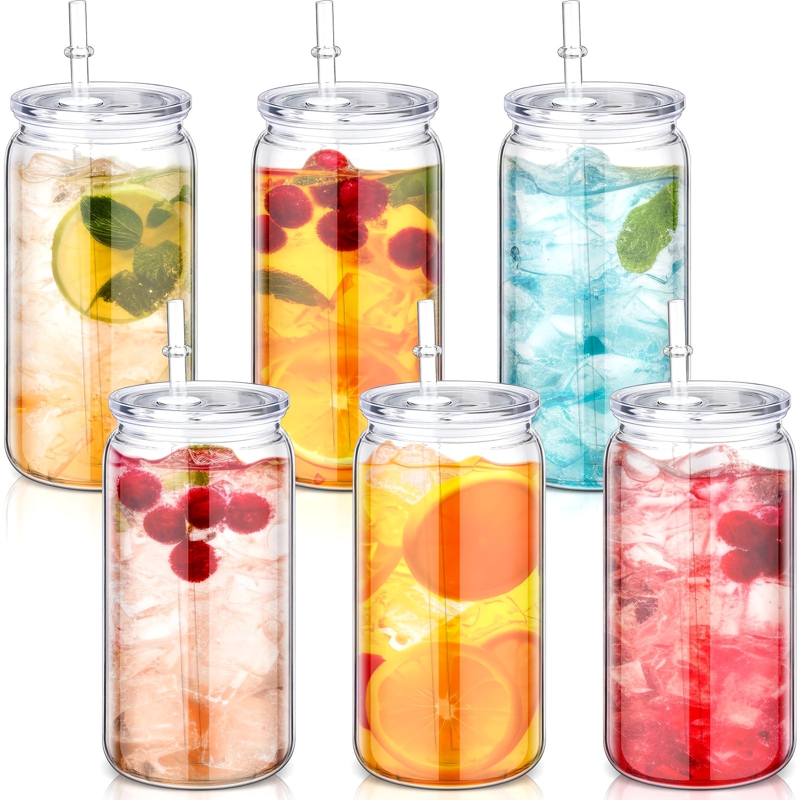 of 6 Clear Plastic Tumblers with Lids And Straws, Each Holding 16 Ounces, Perfect for Iced Coffee, Water, Milk, Beer, Juice, And Other Beverages