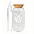 1pc, Letter Printed Water Cup With Lid And Straw, Portable Glass Cup, Teacher Gift For Women, Birthday Gift