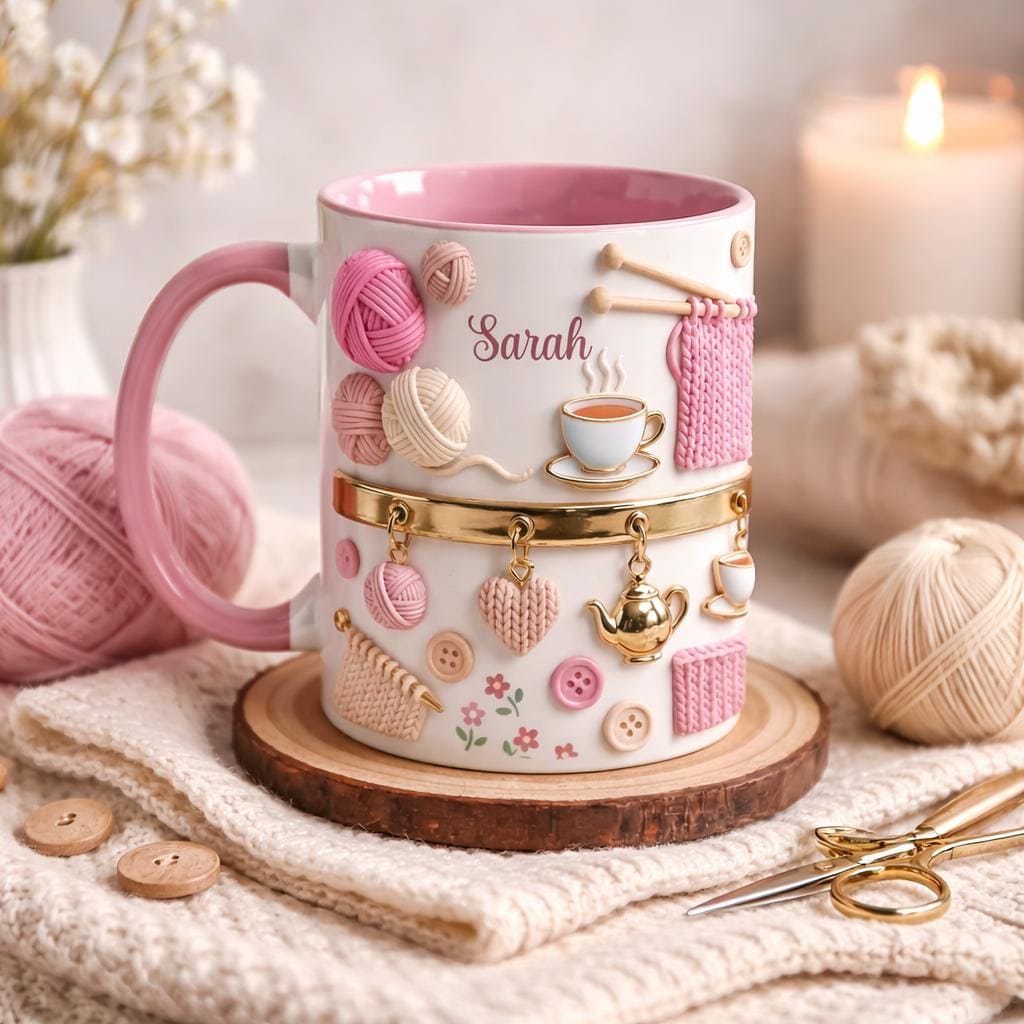 Personalized Knitting Mug, Cozy Crochet Coffee Cup, Pink Handmade Style Mug, Yarn Lover Gift, Cute Custom Name Mug