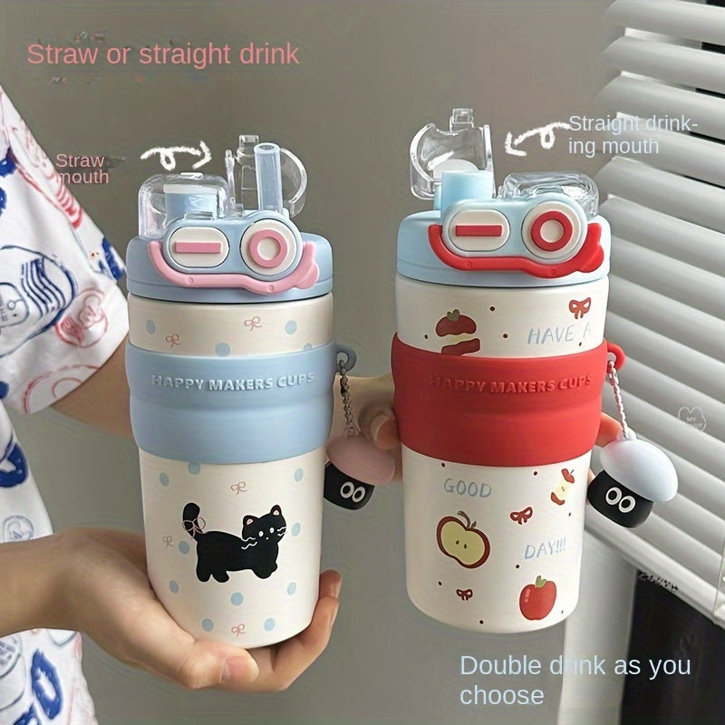 Cute Double- Water with a Capacity of 500Ml\u002F17Oz, Essential Portable Animal Print Cup with Straw And Handle for Students And, Perfect for Travel, Camping, Home Office, Birthday Gifts, And Holiday Presents