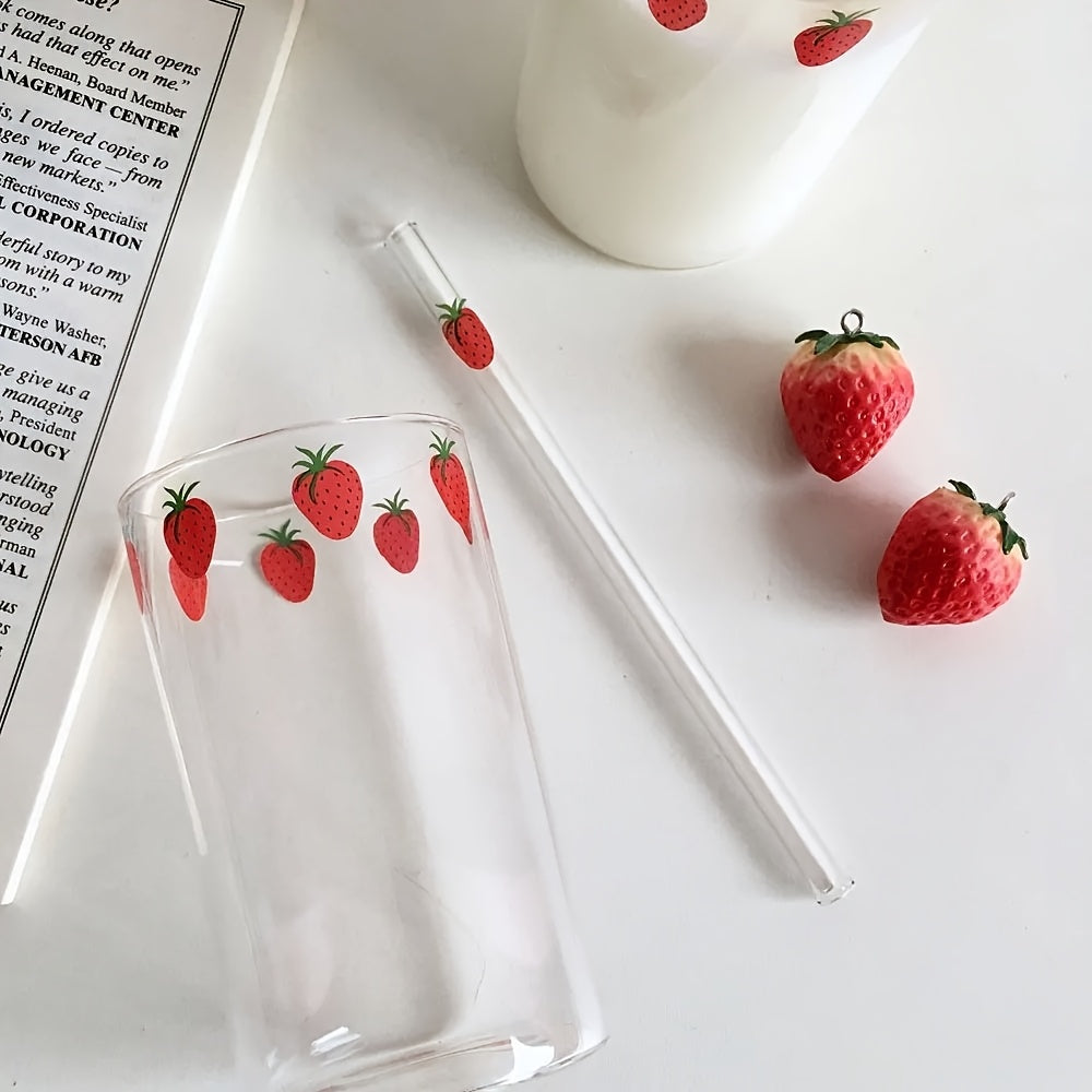 2pcs Strawberry Glass Cups With Straws | High Borosilicate Glass, Durable For Cold And Hot Use, Large Capacity, Multipurpose And Reusable