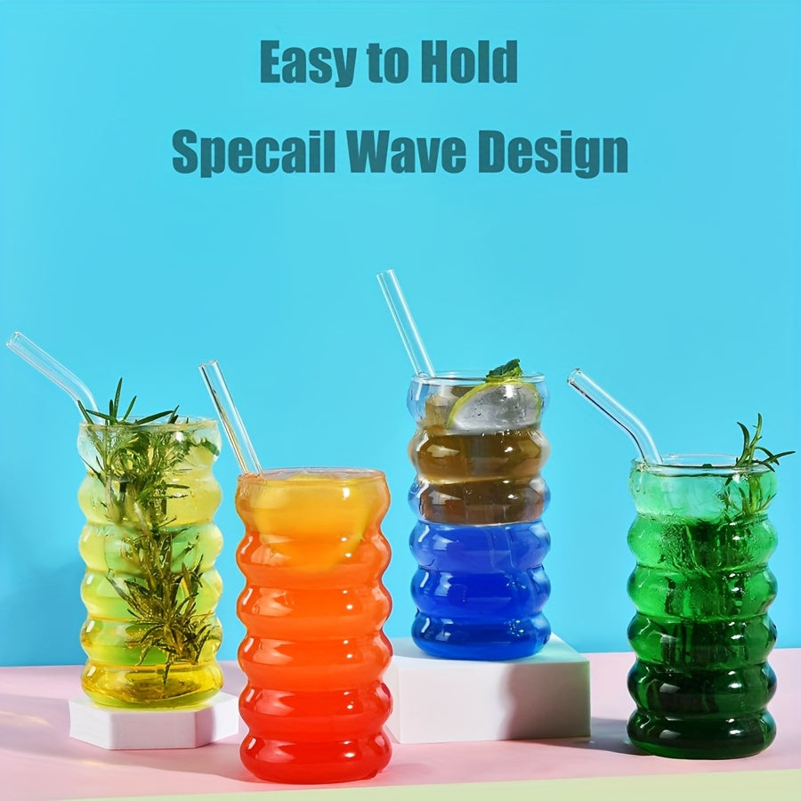 Ribbed Drinking Cups 2\u002F6pcs Vintage Japanese Ripple Bubble Glass Cups | 420Ml\u002F14Oz Ribbed with Brush And Straw | Suitable for Coffee, Tea, Juice, Matcha, Smoothie