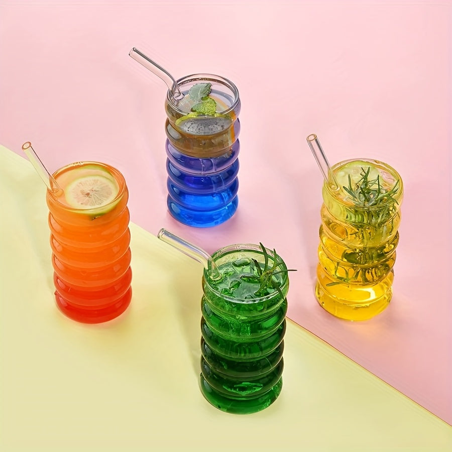 Ribbed Drinking Cups 2\u002F6pcs Vintage Japanese Ripple Bubble Glass Cups | 420Ml\u002F14Oz Ribbed with Brush And Straw | Suitable for Coffee, Tea, Juice, Matcha, Smoothie
