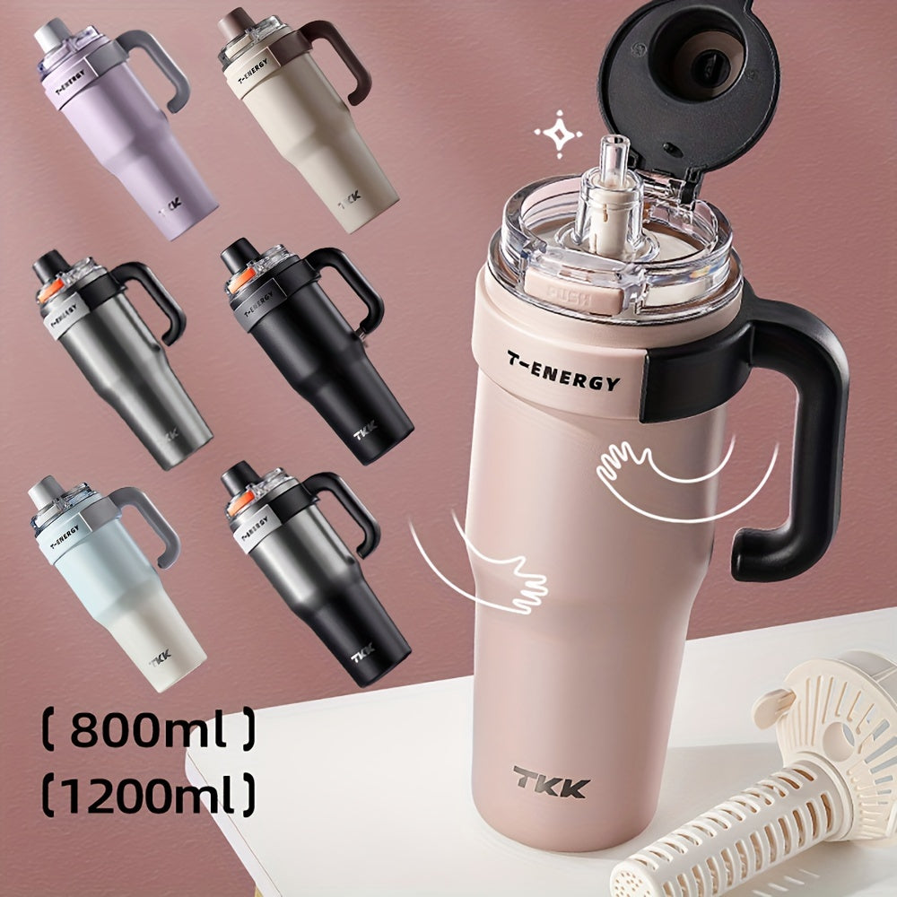 Large Capacity|Stainless Steel 800ml\u002F1200ml Large Capacity Stainless Steel Vacuum Mug | Ceramic Coating Leakproof Tumbler with Straw Lid Handle | Keep Warm Cold for Coffee Coke Carbonated Beverages Ice School Office Outdoor Yoga Sports Travel