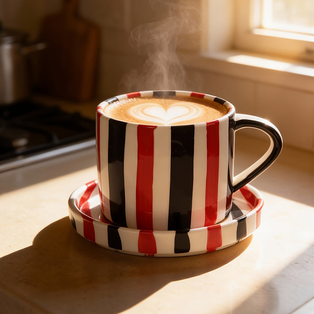 INS Style Striped Ceramic Coffee Cup And Saucer Set Featuring a Minimalist Vertical Stripe Design, Aesthetically Pleasing for Enjoying Beverages. This Home Drinkware Set Is Perfect for Lattes, American Espresso, And Tea