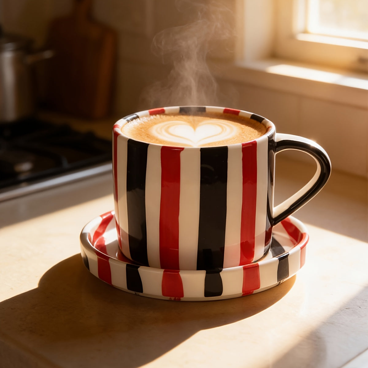 INS Style Striped Ceramic Coffee Cup And Saucer Set Featuring a Minimalist Vertical Stripe Design, Aesthetically Pleasing for Enjoying Beverages. This Home Drinkware Set Is Perfect for Lattes, American Espresso, And Tea