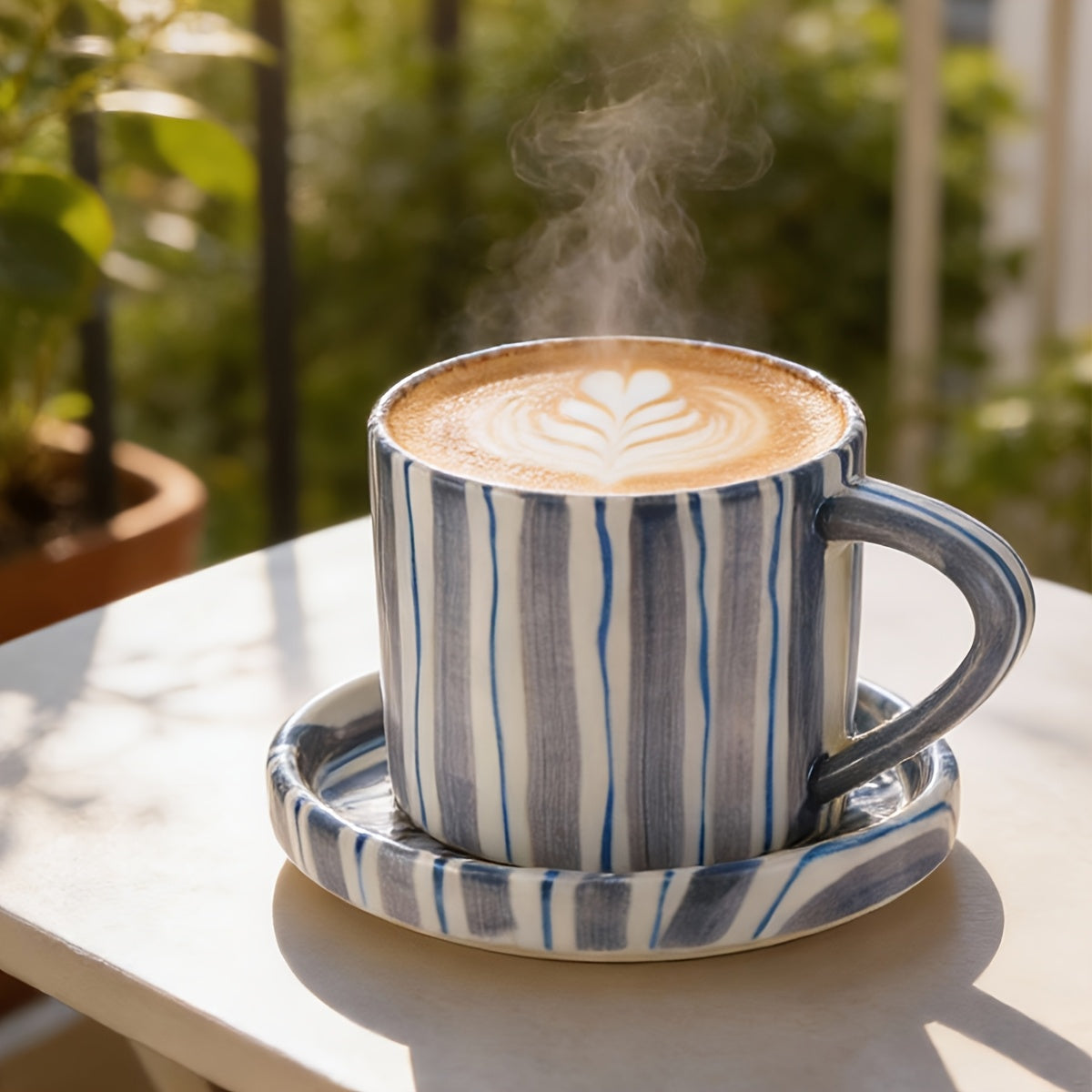 INS Style Striped Ceramic Coffee Cup And Saucer Set Featuring a Minimalist Vertical Stripe Design, Aesthetically Pleasing for Enjoying Beverages. This Home Drinkware Set Is Perfect for Lattes, American Espresso, And Tea