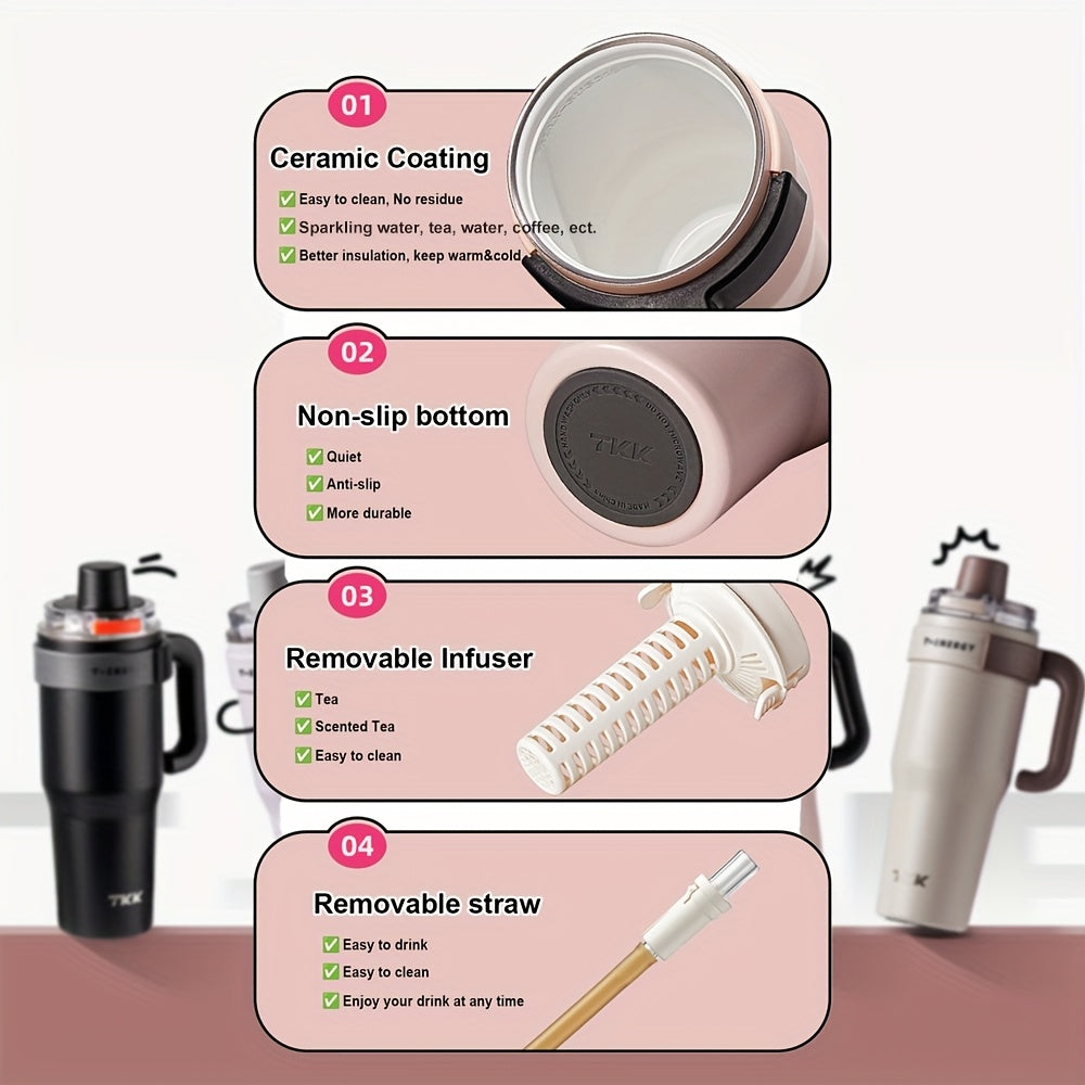 Large Capacity|Stainless Steel 800ml\u002F1200ml Large Capacity Stainless Steel Vacuum Mug | Ceramic Coating Leakproof Tumbler with Straw Lid Handle | Keep Warm Cold for Coffee Coke Carbonated Beverages Ice School Office Outdoor Yoga Sports Travel
