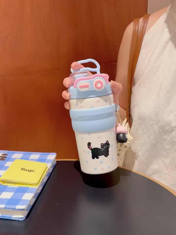 Cute Double- Water with a Capacity of 500Ml\u002F17Oz, Essential Portable Animal Print Cup with Straw And Handle for Students And, Perfect for Travel, Camping, Home Office, Birthday Gifts, And Holiday Presents