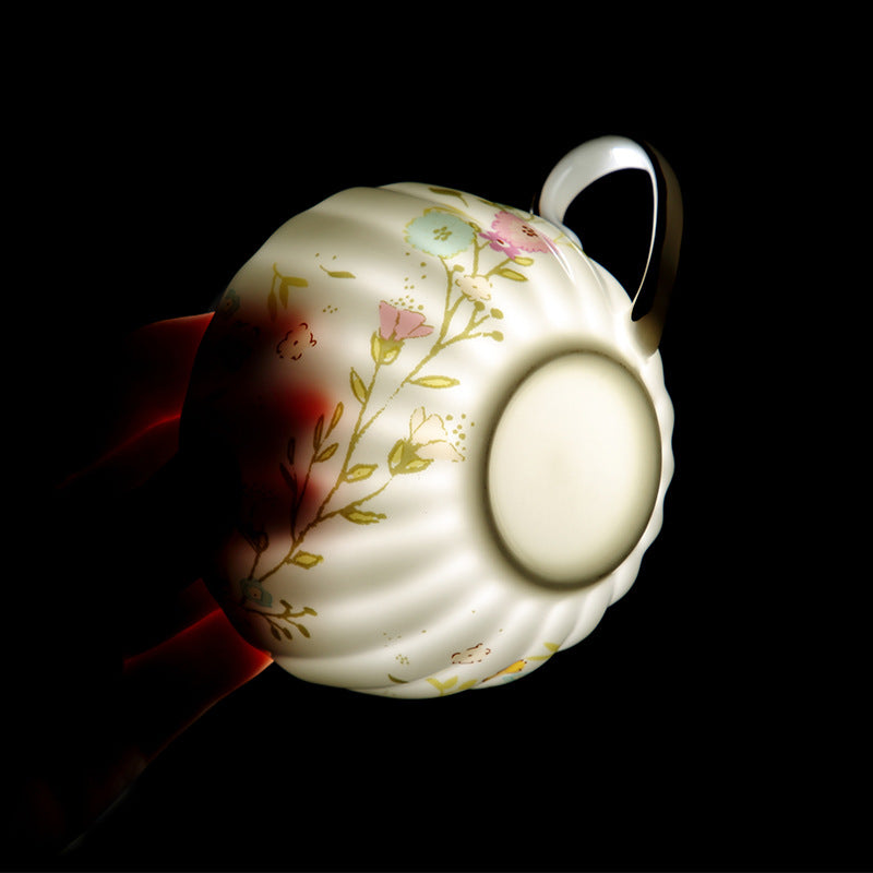 Set of Ceramic Coffee Mugs Shaped Like Pumpkins, Featuring Yellow Floral Designs in an English Style, Perfect for Afternoon Tea at Home. A Luxurious Gift for Women Who Love Tea And Coffee