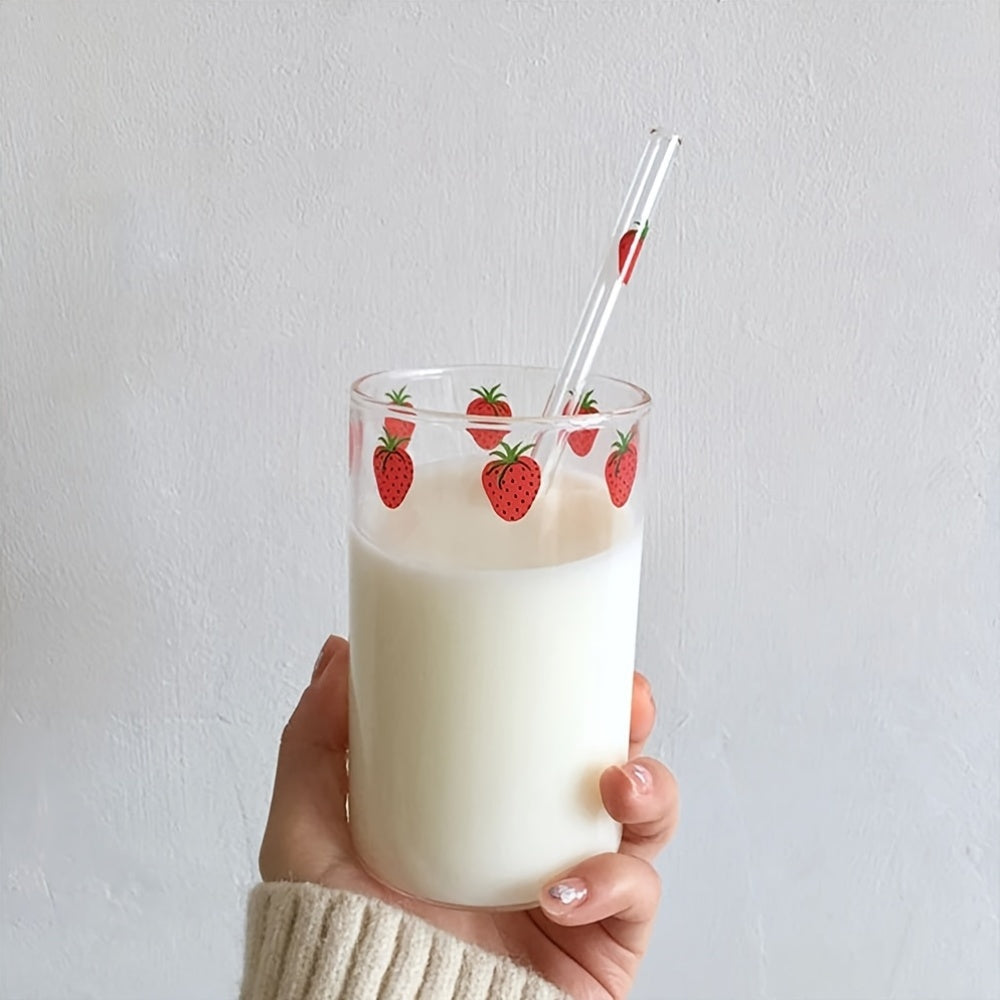 2pcs Strawberry Glass Cups With Straws | High Borosilicate Glass, Durable For Cold And Hot Use, Large Capacity, Multipurpose And Reusable