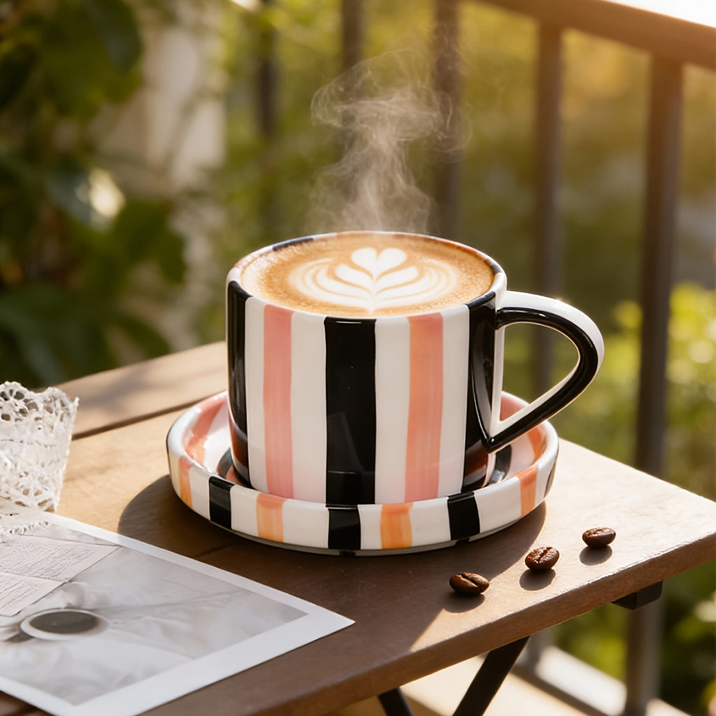 INS Style Striped Ceramic Coffee Cup And Saucer Set Featuring a Minimalist Vertical Stripe Design, Aesthetically Pleasing for Enjoying Beverages. This Home Drinkware Set Is Perfect for Lattes, American Espresso, And Tea