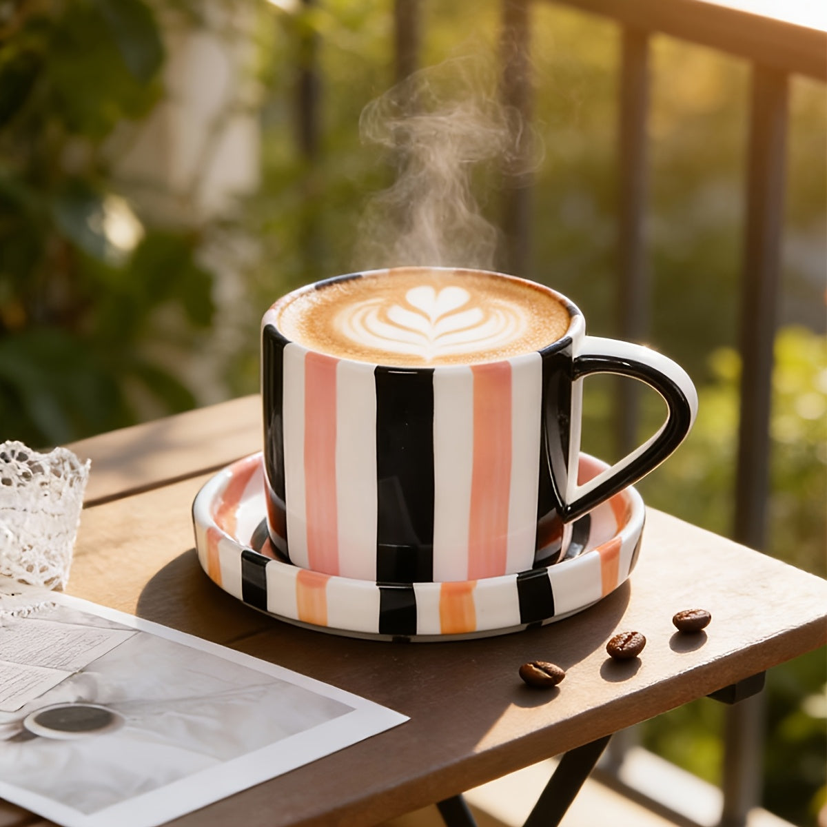 INS Style Striped Ceramic Coffee Cup And Saucer Set Featuring a Minimalist Vertical Stripe Design, Aesthetically Pleasing for Enjoying Beverages. This Home Drinkware Set Is Perfect for Lattes, American Espresso, And Tea