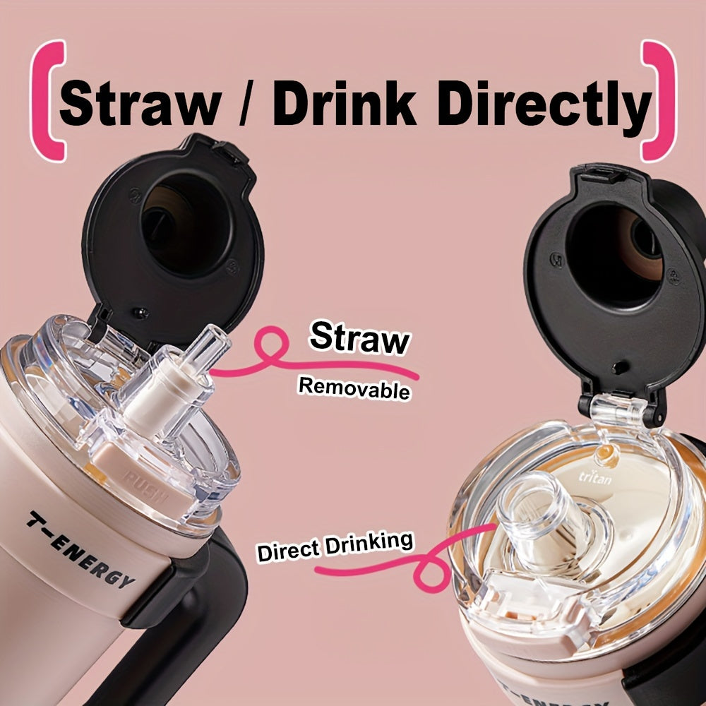 Large Capacity|Stainless Steel 800ml\u002F1200ml Large Capacity Stainless Steel Vacuum Mug | Ceramic Coating Leakproof Tumbler with Straw Lid Handle | Keep Warm Cold for Coffee Coke Carbonated Beverages Ice School Office Outdoor Yoga Sports Travel