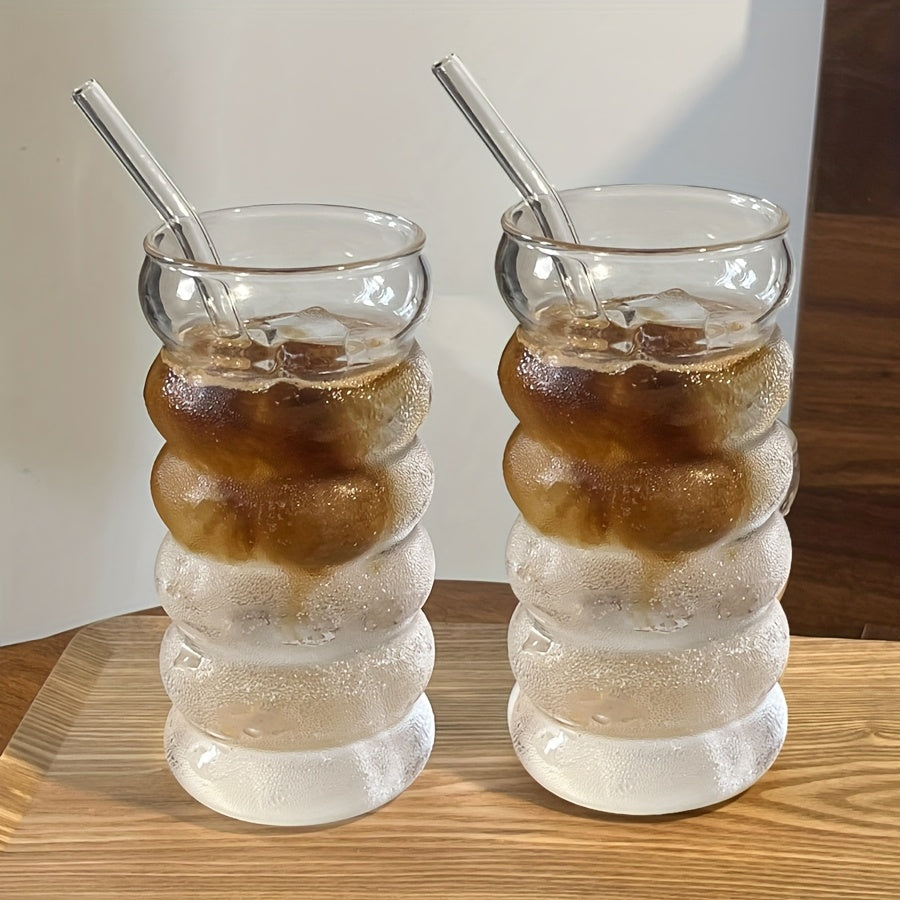 Ribbed Drinking Cups 2\u002F6pcs Vintage Japanese Ripple Bubble Glass Cups | 420Ml\u002F14Oz Ribbed with Brush And Straw | Suitable for Coffee, Tea, Juice, Matcha, Smoothie